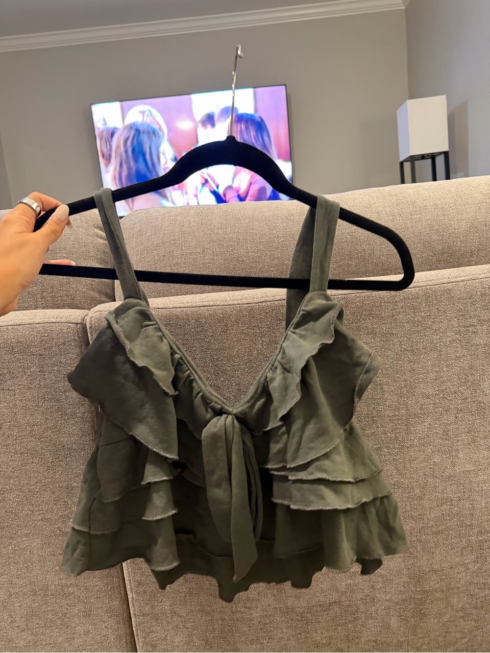 Zara Olive Green Ruffle Tie-Front Tank Top